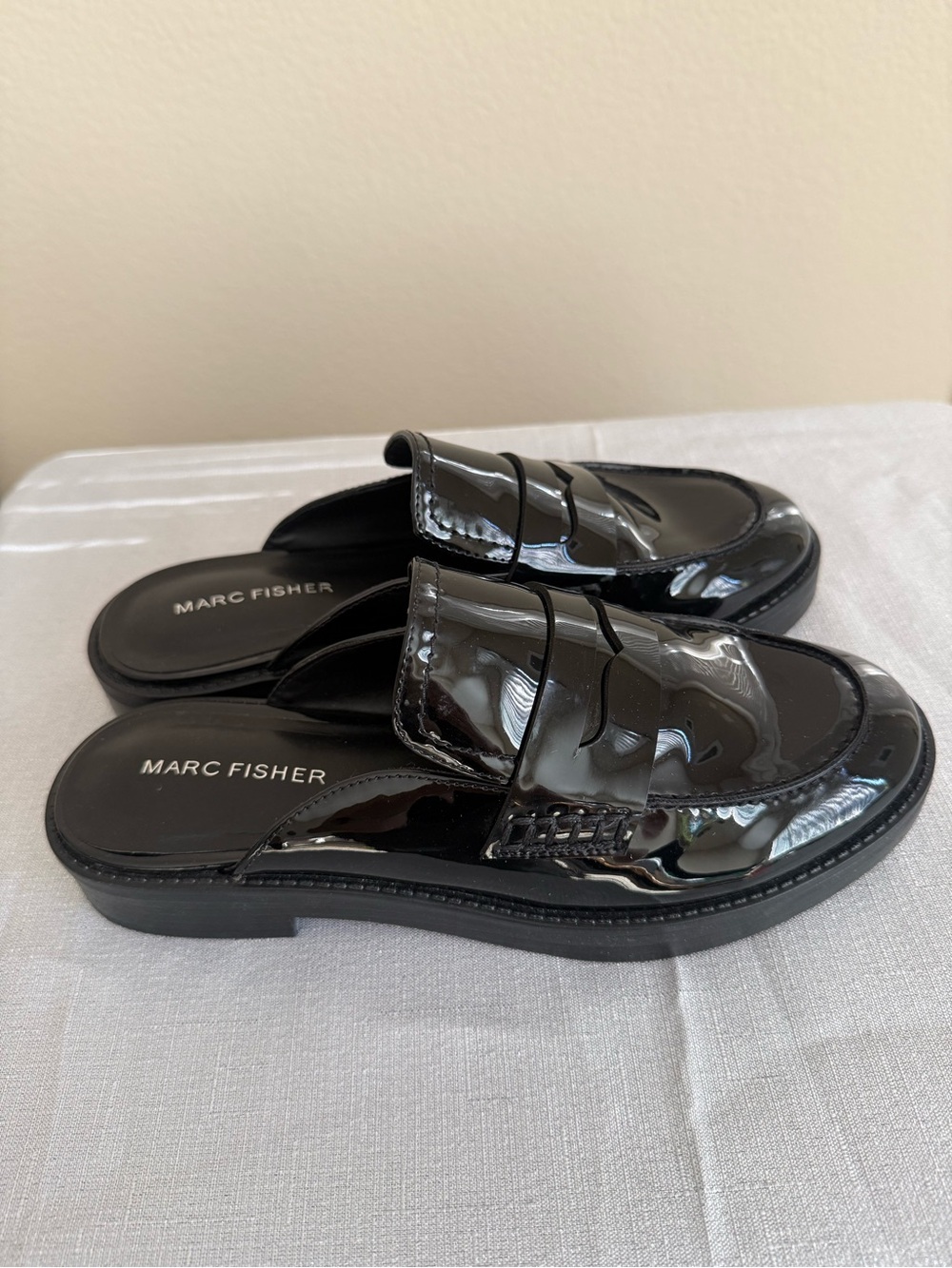 Marc Fisher Black Patent Leather Slip-On Penny Loafers